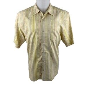 Tommy Bahama Men Large Shirt 100% Silk Yellow Stripe Pineapple Tropical Camp